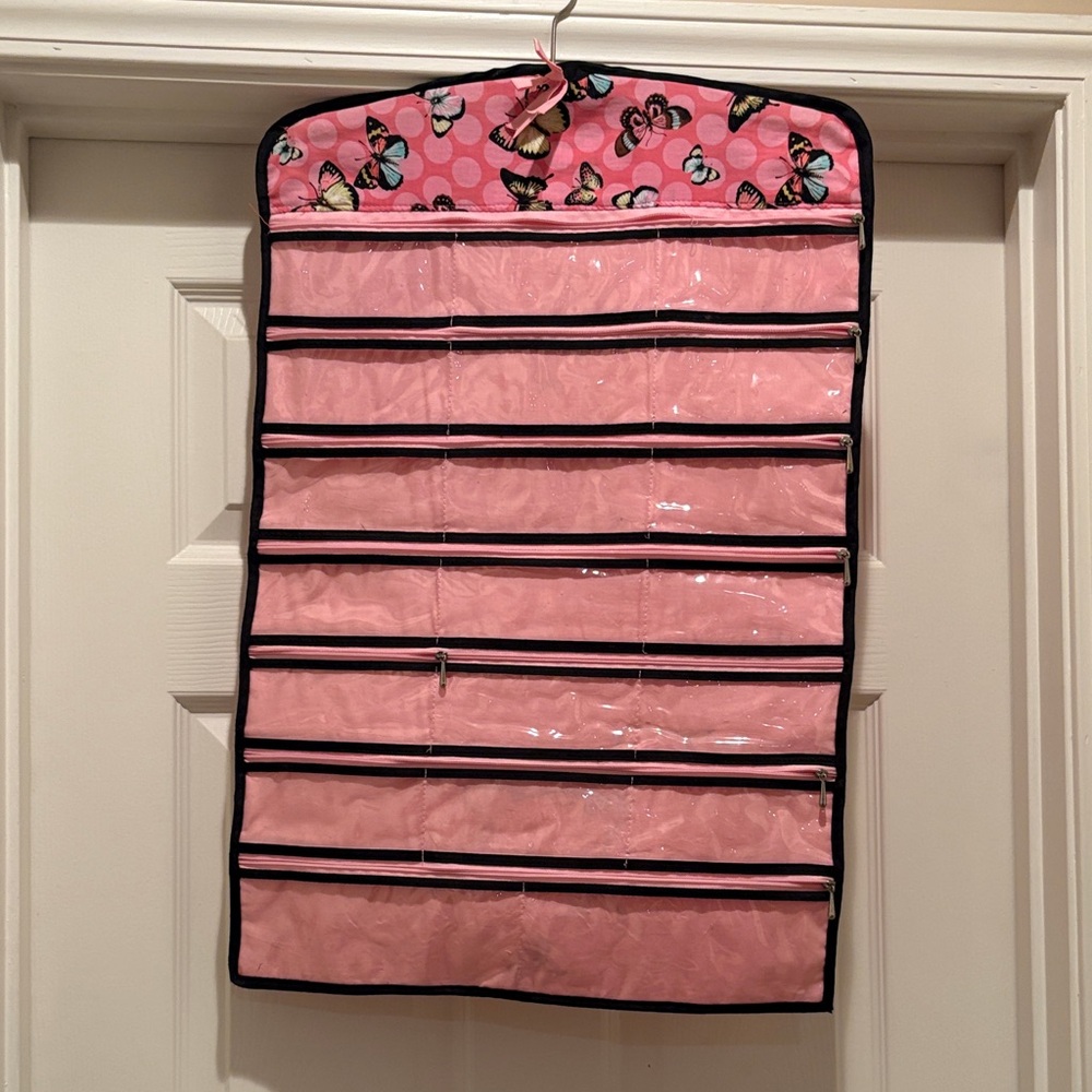 Pink Butterfly Hanging Jewelry Organizer with Clear Pockets